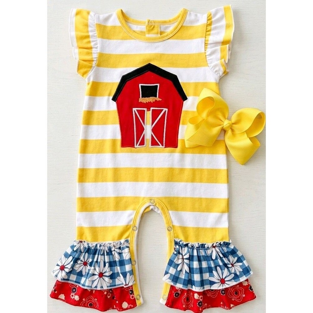 Girls Size 3-6M White Yellow Striped Farm Applique Ruffle Romper Headband